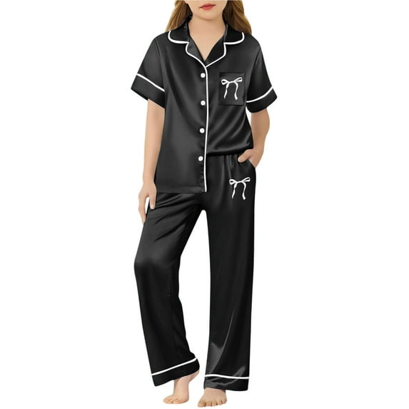 REDARER Girls' Silk Satin Pajama Set, Short Sleeve Button-Down Top & Pants Soft Two-Piece Loungewear for Kids,7-8 Years