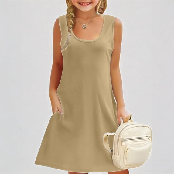 REDARER Girls Sleeveless A-Line Dress with Pockets Casual Spring Summer Everyday Wear Comfortable Stretchy Kids Dress,13-14 Years