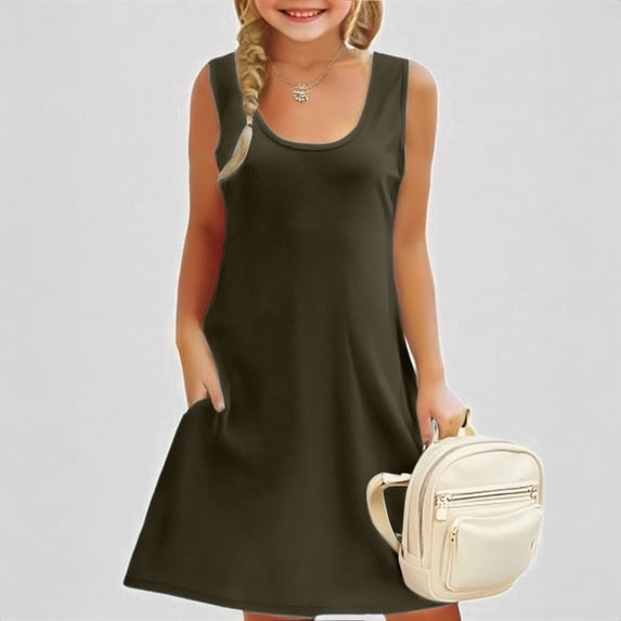 REDARER Girls Sleeveless A-Line Dress with Pockets Casual Spring Summer Everyday Wear Comfortable Stretchy Kids Dress,5-6 Years