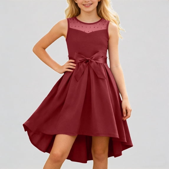 REDARER Girls Sleeveless Formal Dress Mesh Rhinestone Neckline Satin Bow Belt High Low Hem Party Gown for Wedding Flower Girl Occasion,7-8 Years