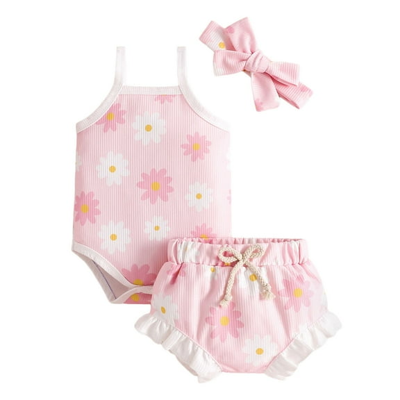 REDARER Girls Sleeveless Ruffles Ribbed Romper Bodysuit Floral Prints Shorts Headbands Outfits,3-6 Months