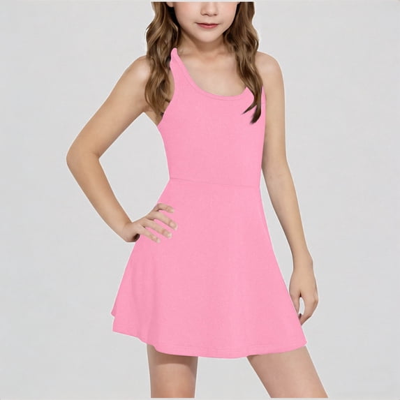REDARER Girls Sleeveless Tank Dress with Flared Hem Slim Fit Casual Outdoor Play Tennis Dress for Kids,6-7 Years