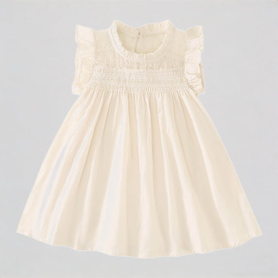 REDARER Girls Smocked Dress, Ruffle Sleeve Embroidered Neckline Cotton Linen Dress for Baptism & Casual,4-5 Years