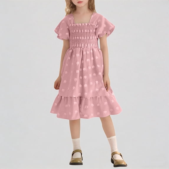 REDARER Girls Smocked Square Neck Floral Embroidered Flutter Sleeve Tiered Ruffle Dress Casual Spring Summer Party Outfit,11-13 Years