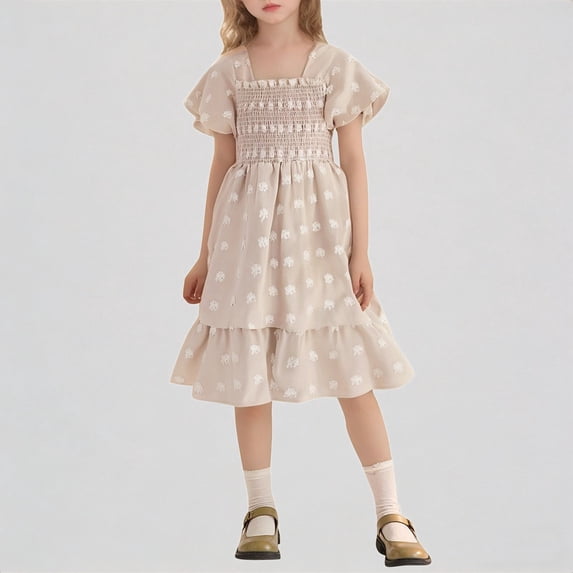 REDARER Girls Smocked Square Neck Floral Embroidered Flutter Sleeve Tiered Ruffle Dress Casual Spring Summer Party Outfit,3-4 Years