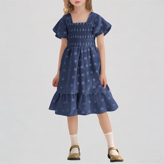 REDARER Girls Smocked Square Neck Floral Embroidered Flutter Sleeve Tiered Ruffle Dress Casual Spring Summer Party Outfit,9-10 Years