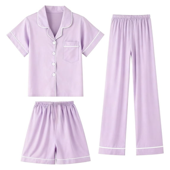 REDARER Girls' Soft Knit Pajama Set, Short Sleeve Button-Down Top & Shorts Loungewear for Kids,10-11 Years