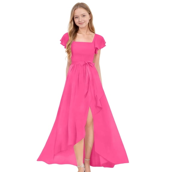 REDARER Girls Solid Color Long Dress Elegant Ruffle Hem, Graceful Waist Design Flowy Maxi Dress for Kids,10-11 Years