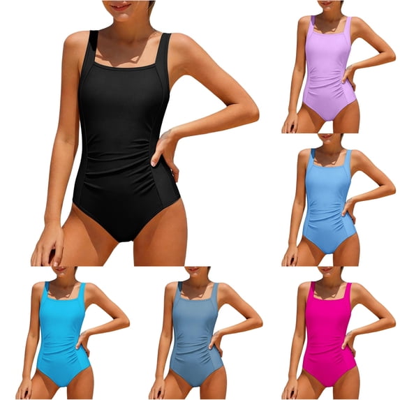 REDARER Girls Solid One Piece Swimsuit Full Coverage Square Neck Wide Straps Ruched Tummy Control Bathing Suit