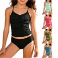 thumbnail image 1 of REDARER Girls Solid Two Piece Tankini Swimsuit Twist Front Adjustable Thin Straps Ruched Sides Lined Support Cup Modest Beach Pool Bathing Suit,10-11 Years, 1 of 4