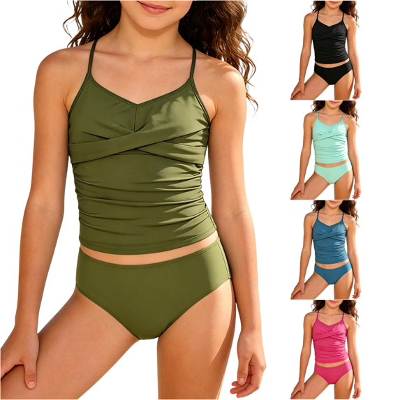 REDARER Girls Solid Two Piece Tankini Swimsuit Twist Front Adjustable Thin Straps Ruched Sides Lined Support Cup Modest Beach Pool Bathing Suit,11-12 Years