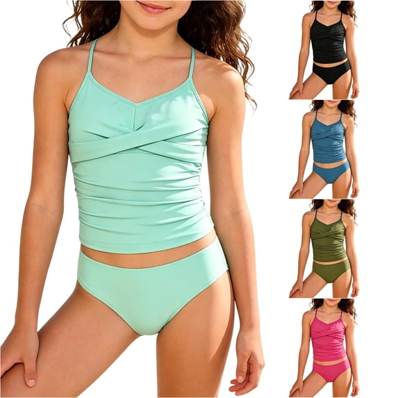 REDARER Girls Solid Two Piece Tankini Swimsuit Twist Front Adjustable Thin Straps Ruched Sides Lined Support Cup Modest Beach Pool Bathing Suit,15-16 Years