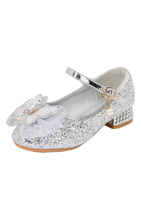 Girls Sparkling Closed-Toe Heels - Elegant Dress Sandals with Bow Detail, Formal Wedding Party Shoes for Special Events,Size:10-10.5 Years