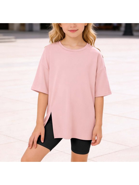 Girls Split Hem Short Sleeve T Shirt Casual Round Neck Soft Tee for Kids Toddler,6-7 Years