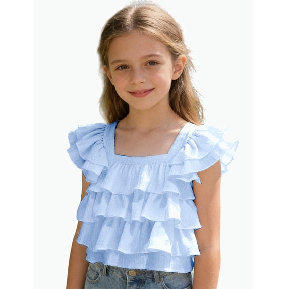 REDARER Girls Square Neck Ruffle Tiered Blouse Flutter Sleeve Casual Summer Soft Breathable Daily Wear Top,2-3 Years