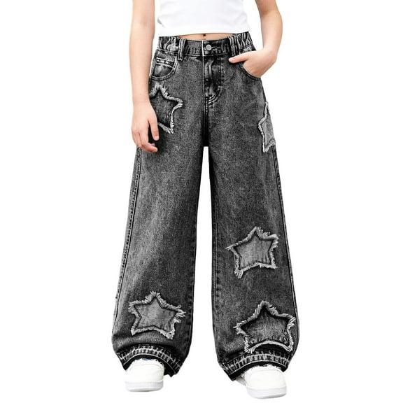 REDARER Girls' Star Embroidered Jeans - Stretchy Waist Wide Leg Denim Pants for Casual Wear,13-14 Years