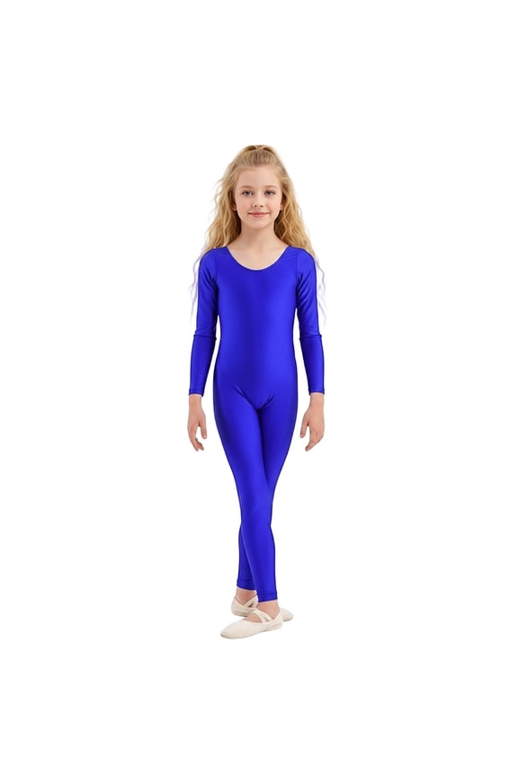 Girls' Stretchy Long Sleeve Bodysuit, Low Round Neck Full-Length Jumpsuit for Dance & Casual Playwear,1-3 Years