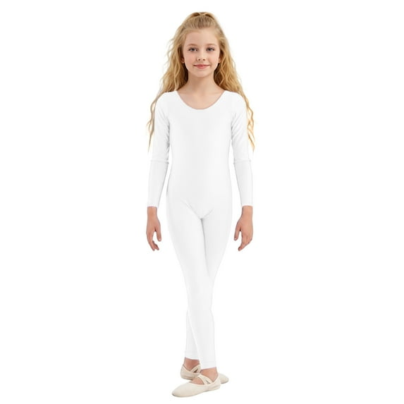 REDARER Girls' Stretchy Long Sleeve Bodysuit, Low Round Neck Full-Length Jumpsuit for Dance & Casual Playwear,10-12 Years