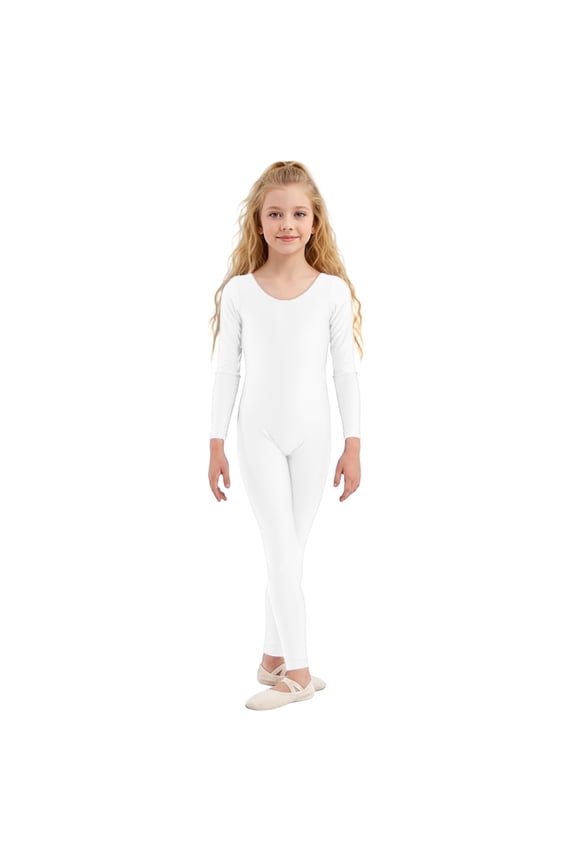 Girls' Stretchy Long Sleeve Bodysuit, Low Round Neck Full-Length Jumpsuit for Dance & Casual Playwear,10-12 Years