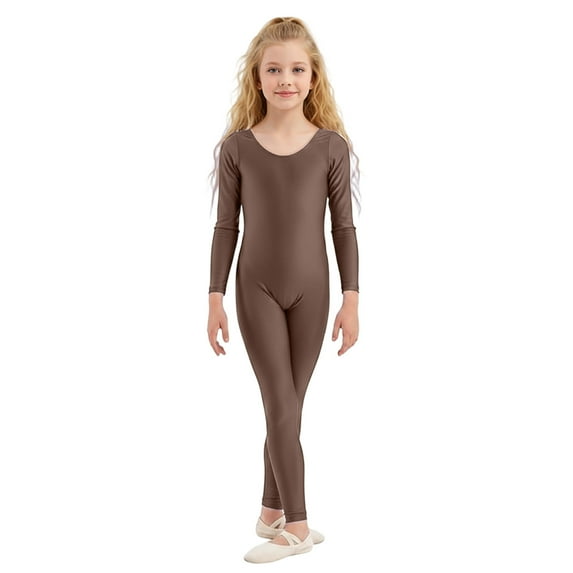 REDARER Girls' Stretchy Long Sleeve Bodysuit, Low Round Neck Full-Length Jumpsuit for Dance & Casual Playwear,4-6 Years