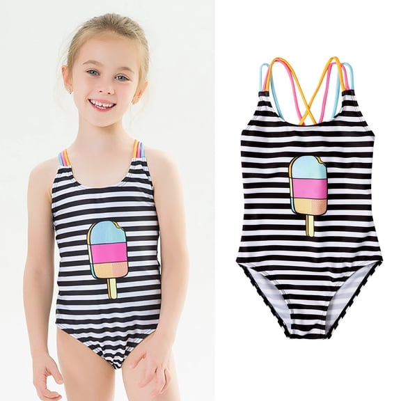 REDARER Girls' Striped 1PC Swimsuit with Ice Cre Am Pattern Summer Bathing Suit for Kids,Girls Swimsuit,6-7 Years