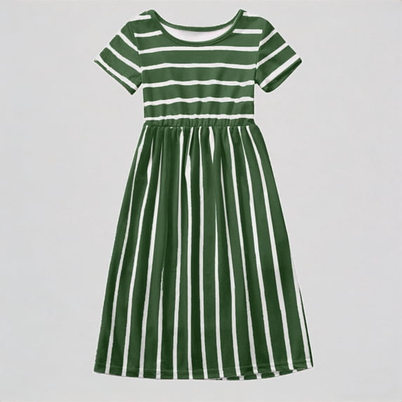 REDARER Girls' Striped Dress, Short Sleeve Two-Tone Stripe A-Line Midi Dress, Casual Princess Dress for Kids,11-12 Years