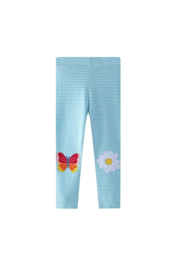 Girls Striped Leggings, Elastic Waist with Butterfly & Daisy Patches for Spring & Summer Casual Wear,2-3 Years