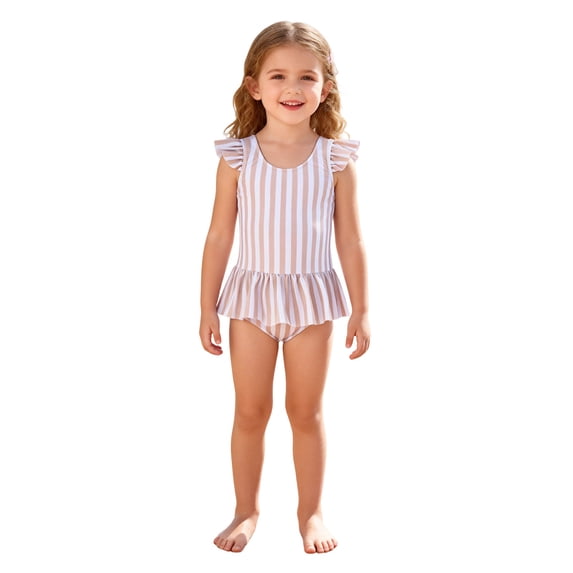 REDARER Girls Striped One Piece Swimsuit with Ruffle Flutter Sleeves and Skirted Hem Comfortable Stretchy Swimwear,4-5 Years
