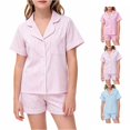 thumbnail image 1 of REDARER Girls Striped Satin PJs Lapel Short Sleeve Button Top Matching Shorts Soft Lightweight Summer Kids Sleepwear Set,10-11 Years, 1 of 4