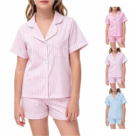 REDARER Girls Striped Satin PJs Lapel Short Sleeve Button Top Matching Shorts Soft Lightweight Summer Kids Sleepwear Set,10-11 Years