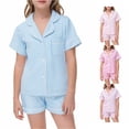thumbnail image 1 of REDARER Girls Striped Satin PJs Lapel Short Sleeve Button Top Matching Shorts Soft Lightweight Summer Kids Sleepwear Set,4-5 Years, 1 of 4