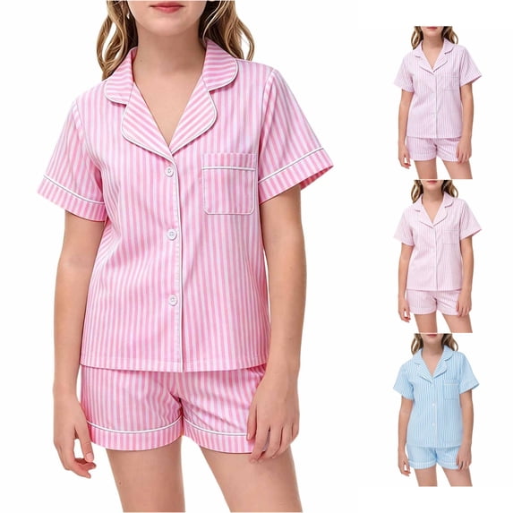 REDARER Girls Striped Satin PJs Lapel Short Sleeve Button Top Matching Shorts Soft Lightweight Summer Kids Sleepwear Set,8-9 Years