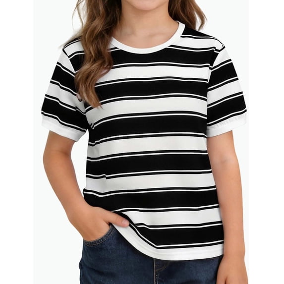 REDARER Girls Striped Short Sleeve T-Shirt Crew Neck Soft Cotton Casual Comfortable Playwear Daily Tee,8-9 Years