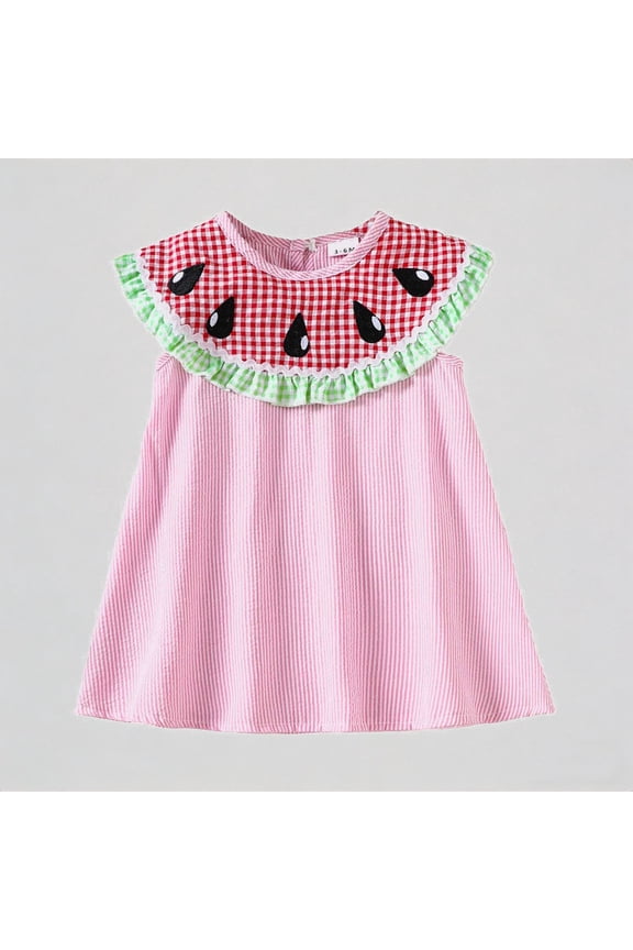 Girls Striped Sleeveless Dress with Watermelon Plaid Collar Casual Summer Holiday Party Outfit,12-18 Months