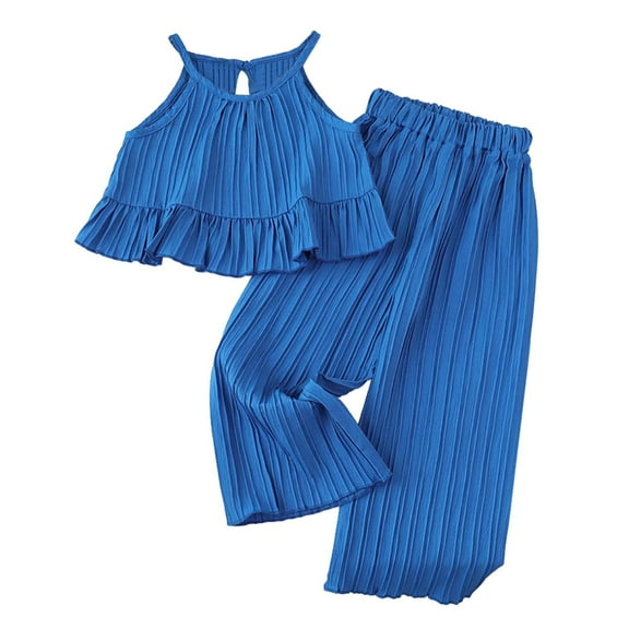 REDARER Girls' Summer 2-Piece Set – Sleeveless Ruffle Halter Top + Wide Leg Pants,for Sze 6-7 Years