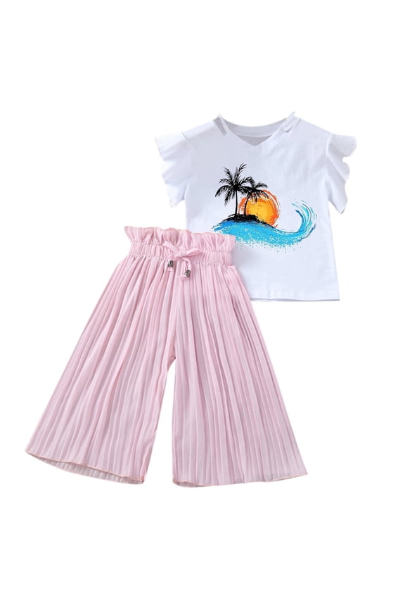 Girls' Summer Beach Set Sunset & Tree Printed T-Shirt + Chiffon Ruched Pants, Loose Fit with Ruffled Hem,for Size 6-7 Years
