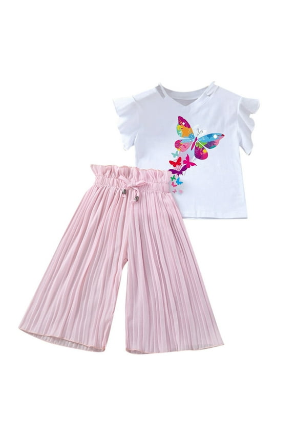 Girls' Summer Butterfly Set Butterfly Printed T-Shirt + Chiffon Ruched Pants, Loose Fit with Ruffled Hem,for Size 6-7 Years