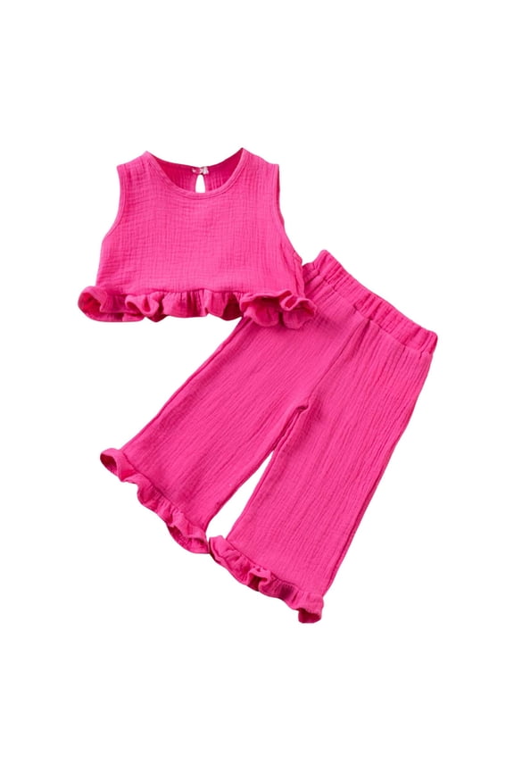 Girls Summer Crinkle Cotton Ruffle Sleeveless Top & Wide Leg Pants 2PC Outfit Set,3-4 Years