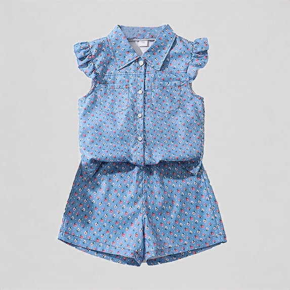 REDARER Girls' Summer Floral Print 2-Piece Set: Ruffle Sleeve Button-Up Blouse & Elastic Waist Shorts, Casual Comfortable Kids Outfit,8-9 Years