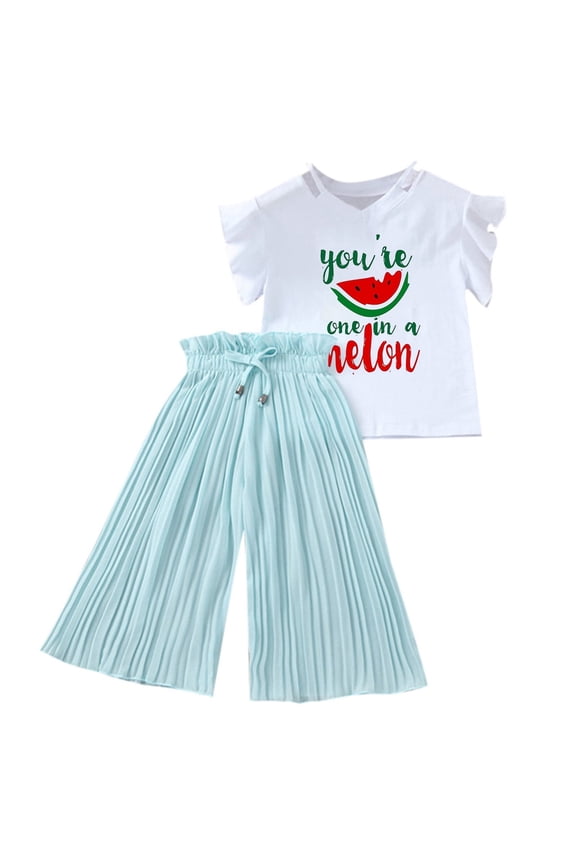 Girls' Summer Fruit Set Watermelon Printed T-Shirt + Chiffon Ruched Pants, Loose Fit with Ruffled Hem,for Sze 6-7 Years