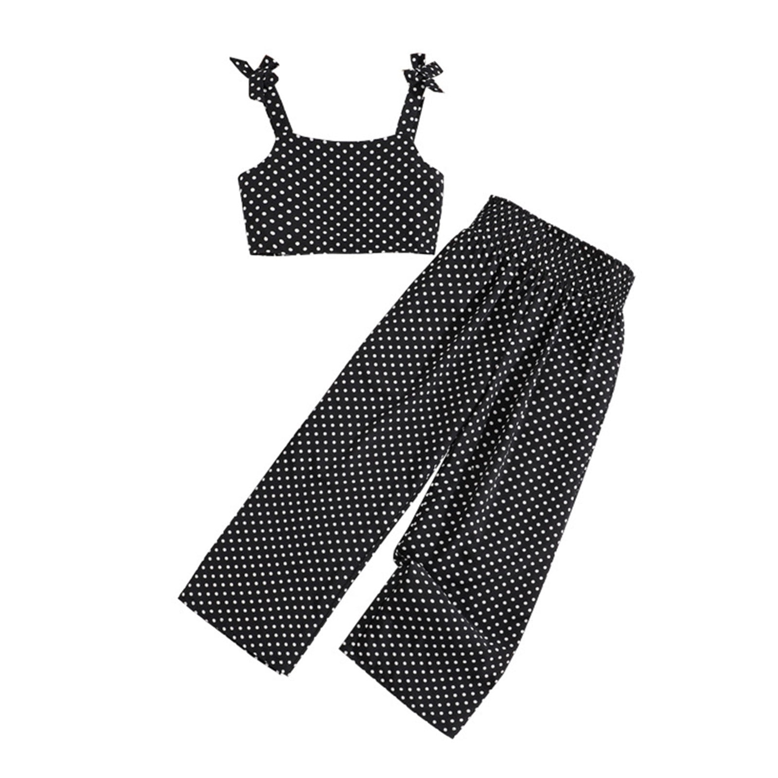 REDARER Girls Summer Outfit Polka Dot Bow Knot Sleeveless Tank Top High Waist Wide Leg Pants Set,7-8 Years