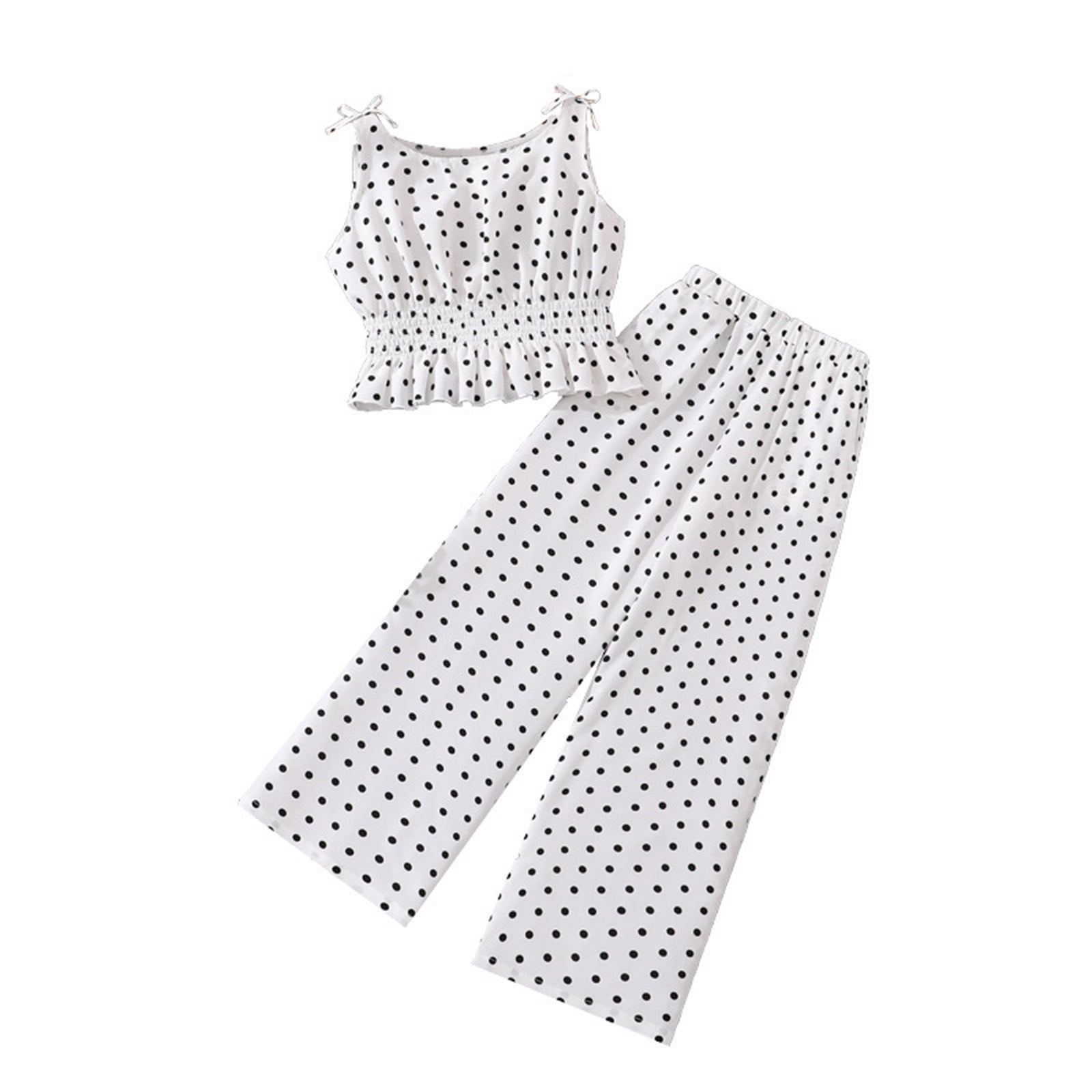 REDARER Girls Summer Outfit Polka Dot Bow Strap Sleeveless Ruffle Hem Crop Top High Waist Wide Leg Pants 2 Piece Set,11-12 Years
