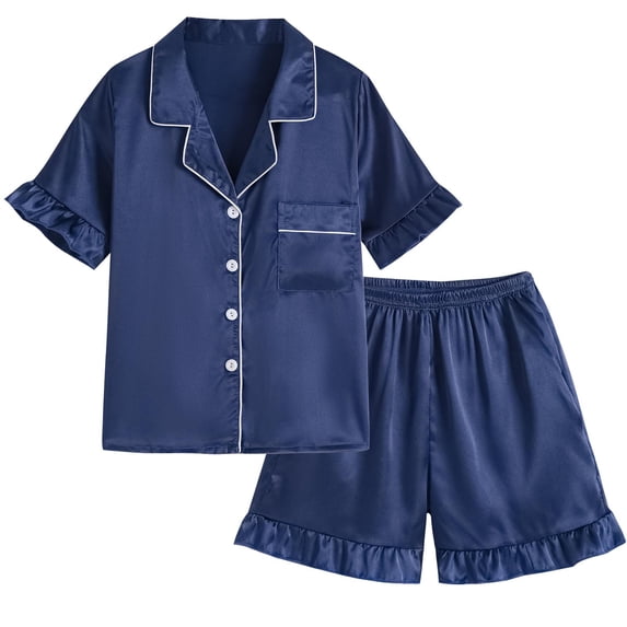 REDARER Girls Summer Satin Ruffle Button-Up Top & Shorts 2PC Loungewear Pajama Set,13-14 Years