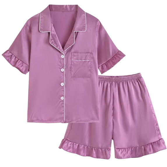 REDARER Girls Summer Satin Ruffle Button-Up Top & Shorts 2PC Loungewear Pajama Set,5-6 Years