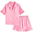 thumbnail image 1 of REDARER Girls Summer Satin Ruffle Button-Up Top & Shorts 2PC Loungewear Pajama Set,5-6 Years, 1 of 9