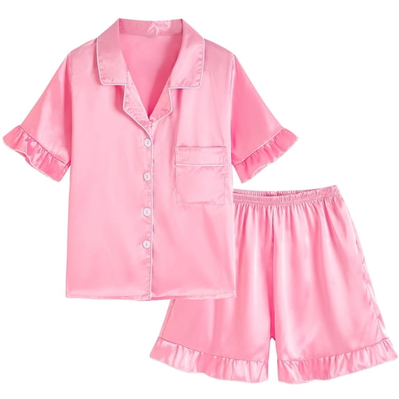 REDARER Girls Summer Satin Ruffle Button-Up Top & Shorts 2PC Loungewear Pajama Set,5-6 Years