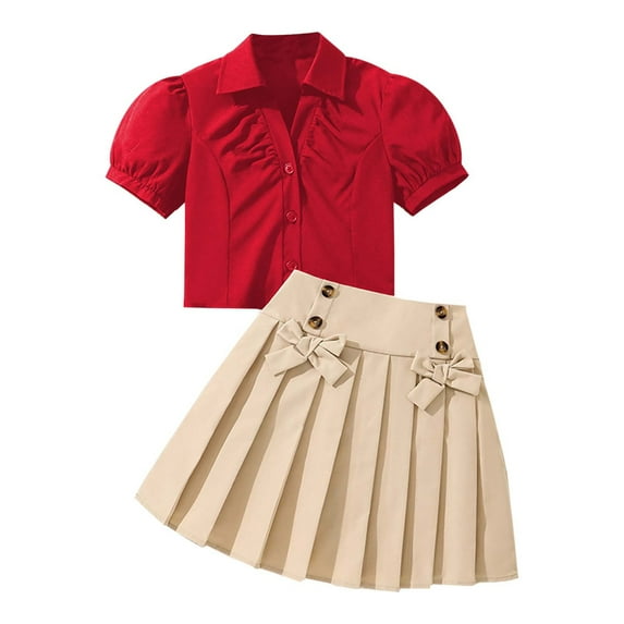 REDARER Girls Summer Short Sleeve Shirt with Bow and Pleated Skirt Set for Big Kids Elegant Two Piece Outfit for Kids,Size 10-11 Years