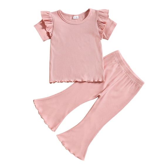 REDARER Girls Summer Short Sleeve Solid Ruffles Tops and Flare Shorts 2PCS Outfits Clothes Set,4-5 Years