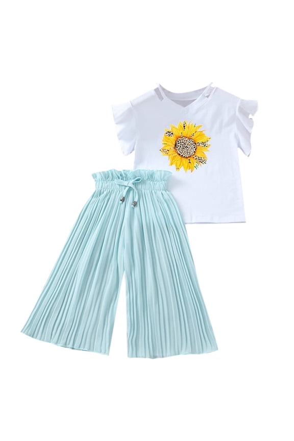 Girls' Summer Sunflower Set Short Sleeve T-Shirt + Chiffon Ruched Pants, Loose Fit with Ruffle Trim,for Sze 3-4 Years