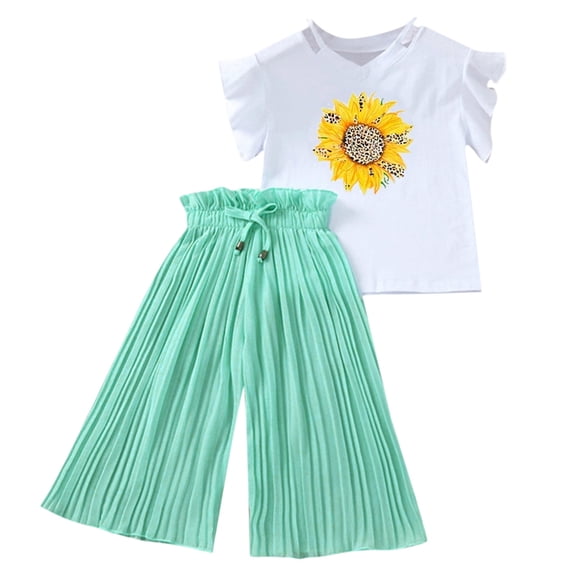 REDARER Girls' Summer Sunflower Set Short Sleeve T-Shirt + Chiffon Ruched Pants, Loose Fit with Ruffle ,for Sze 4-5 Years